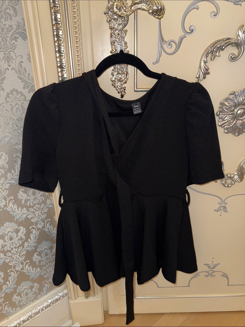 Nina Ricci Black Short-Sleeve Wrap Peplum Blouse with tie